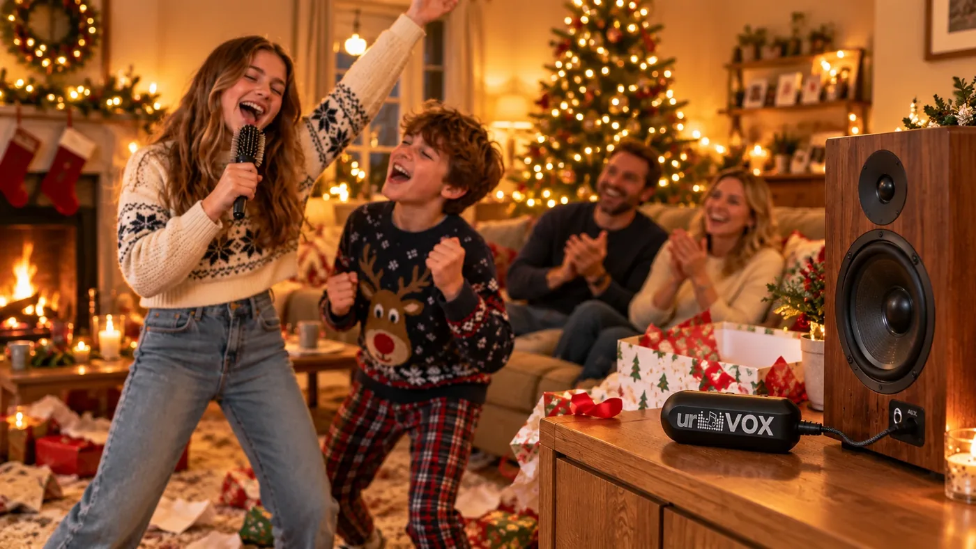 A brother and sister singing on Christmas Day while their parents clap, with urVOX plugged into a speaker’s AUX socket