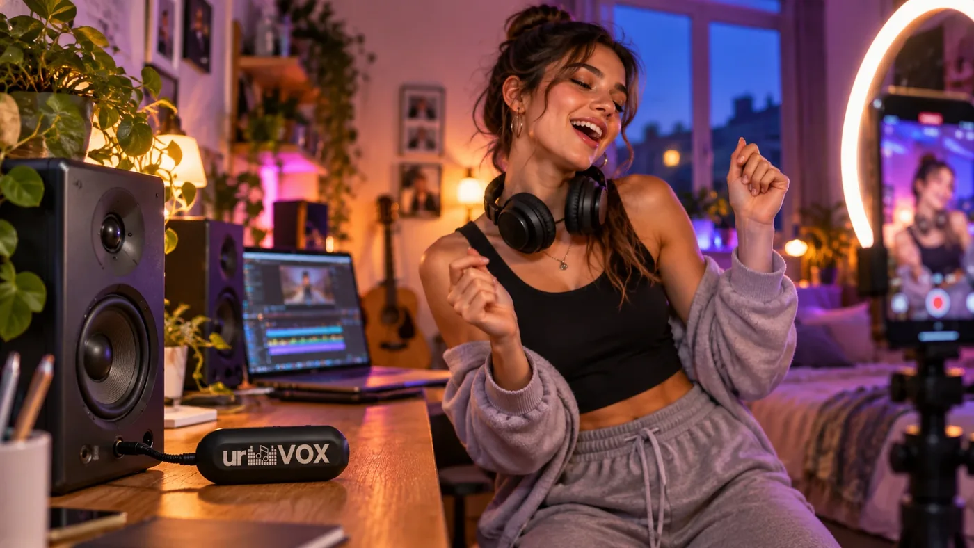 A creator dancing and filming on a phone, with urVOX plugged into a desktop speaker’s AUX socket
