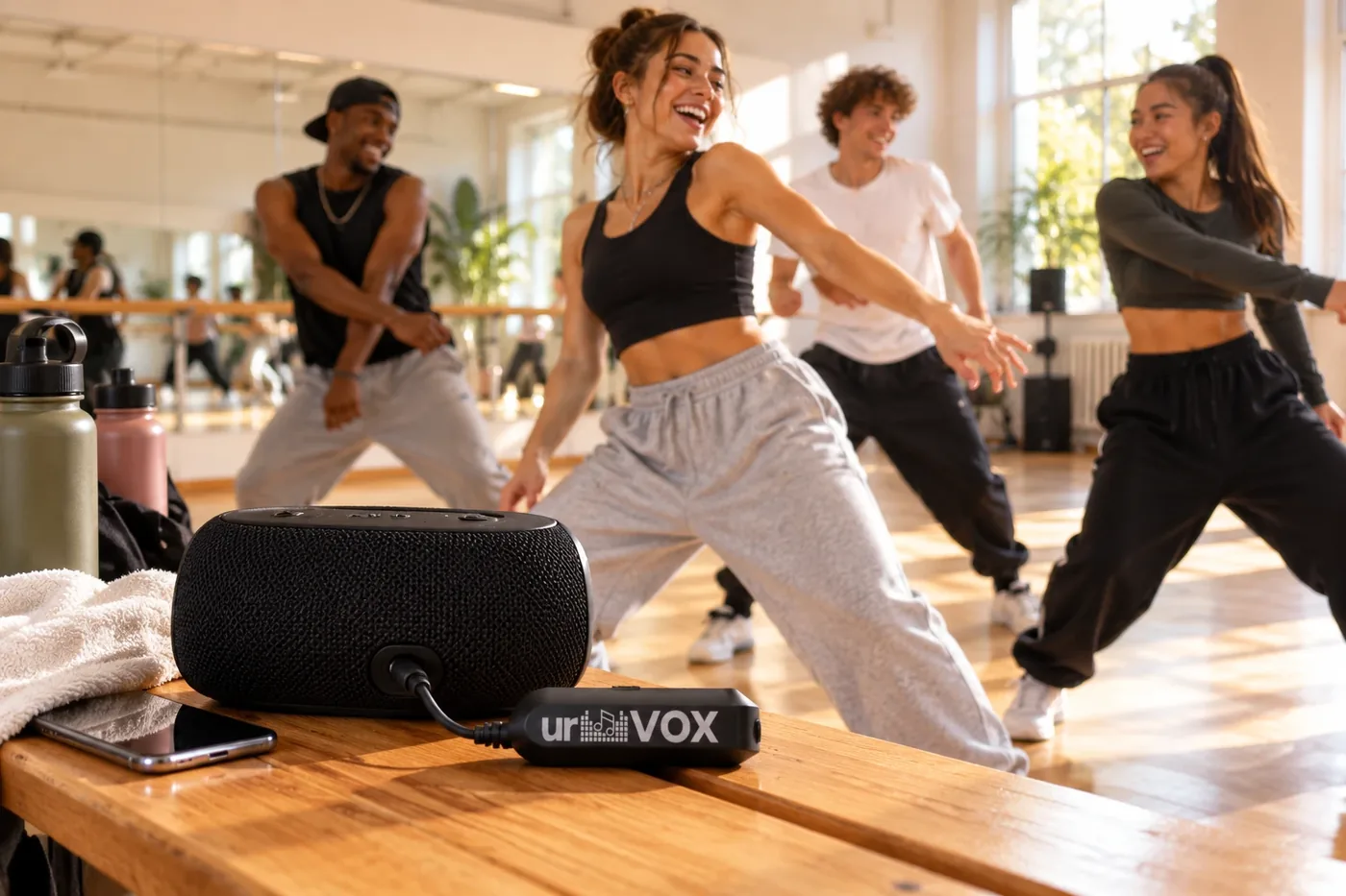 Dancers rehearsing in a studio, urVOX plugged into a portable speaker on the bench