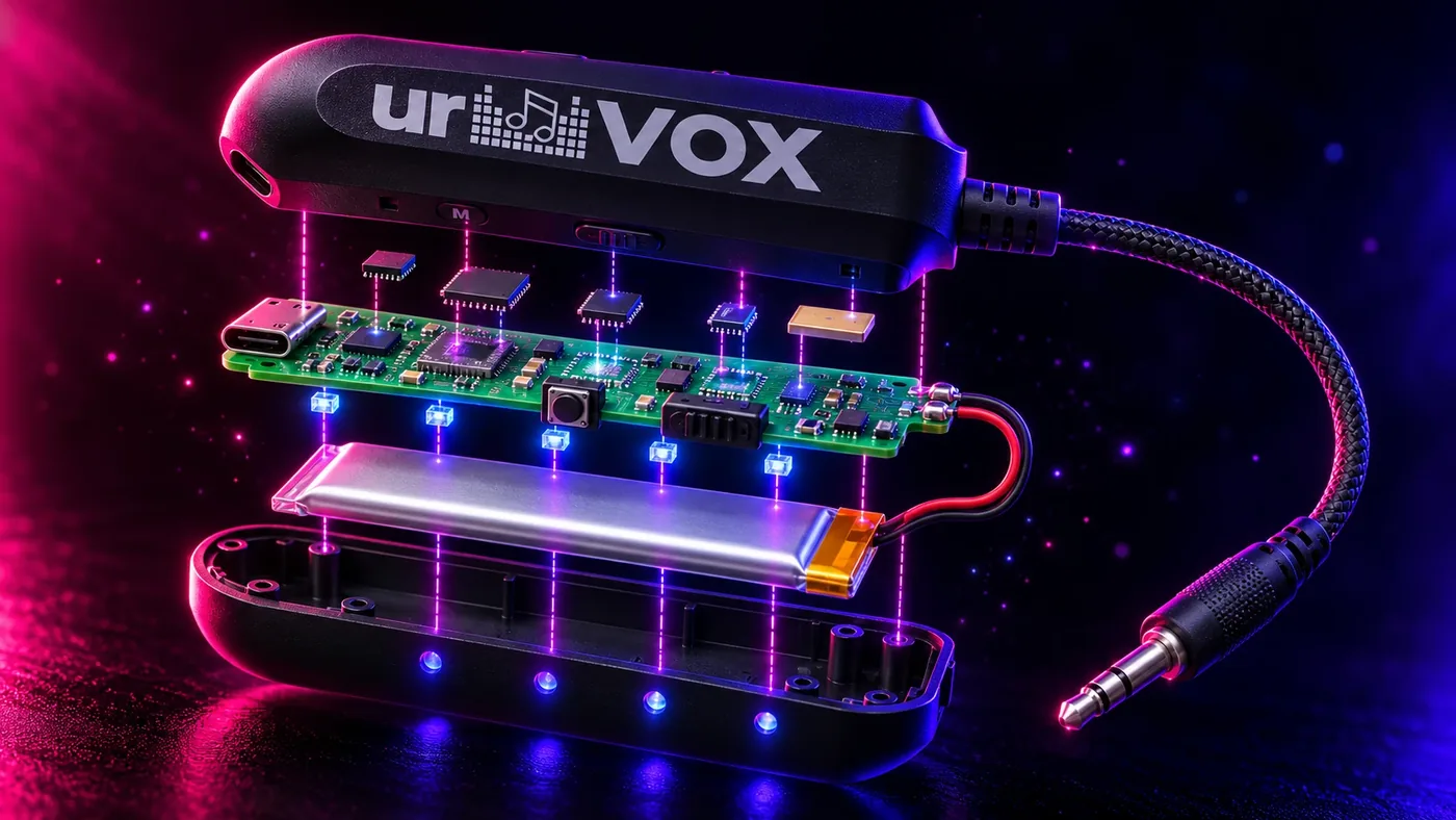 An exploded view of urVOX: its case, circuit board, lights and battery