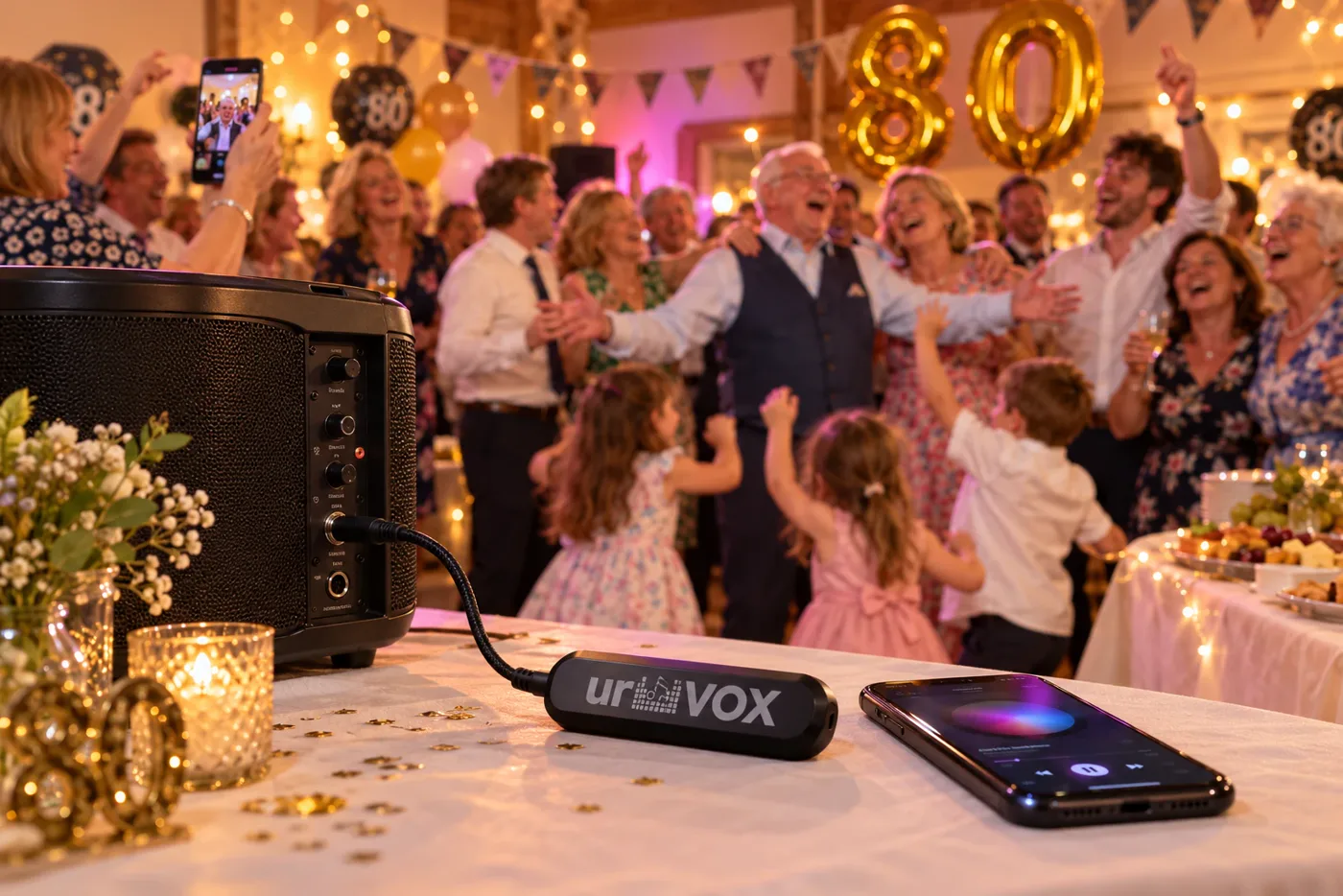 Three generations singing round a grandad at his 80th birthday party, with urVOX plugged into a party speaker on the table