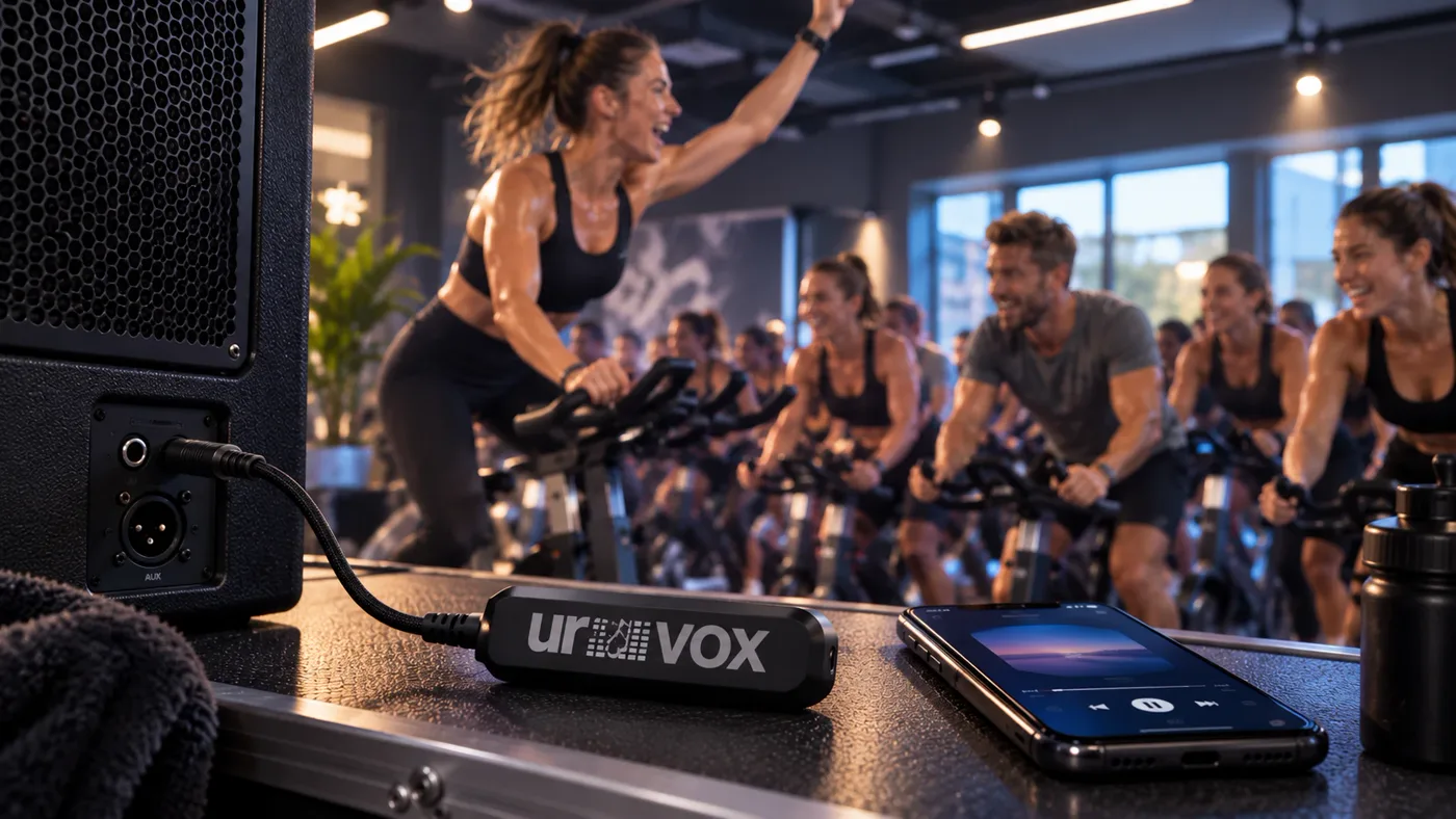 An indoor cycling class cheering as the instructor raises an arm, with urVOX plugged into the studio speaker's AUX input