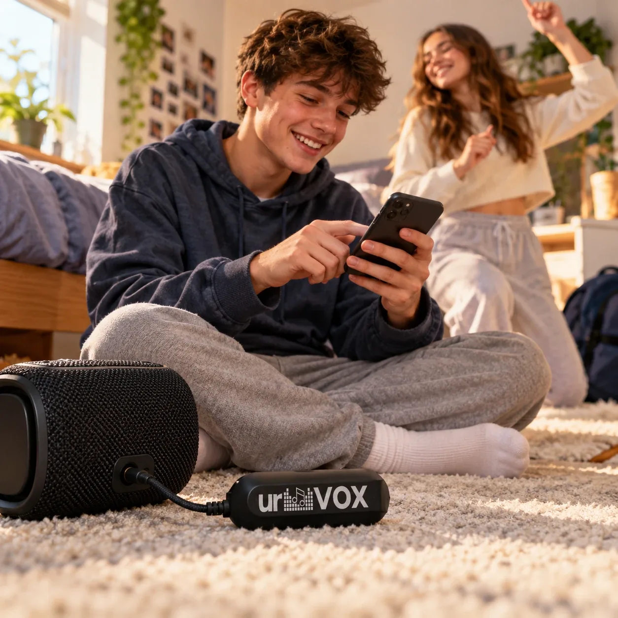 A teenager choosing a song on his phone, urVOX plugged into a portable speaker on the floor beside him