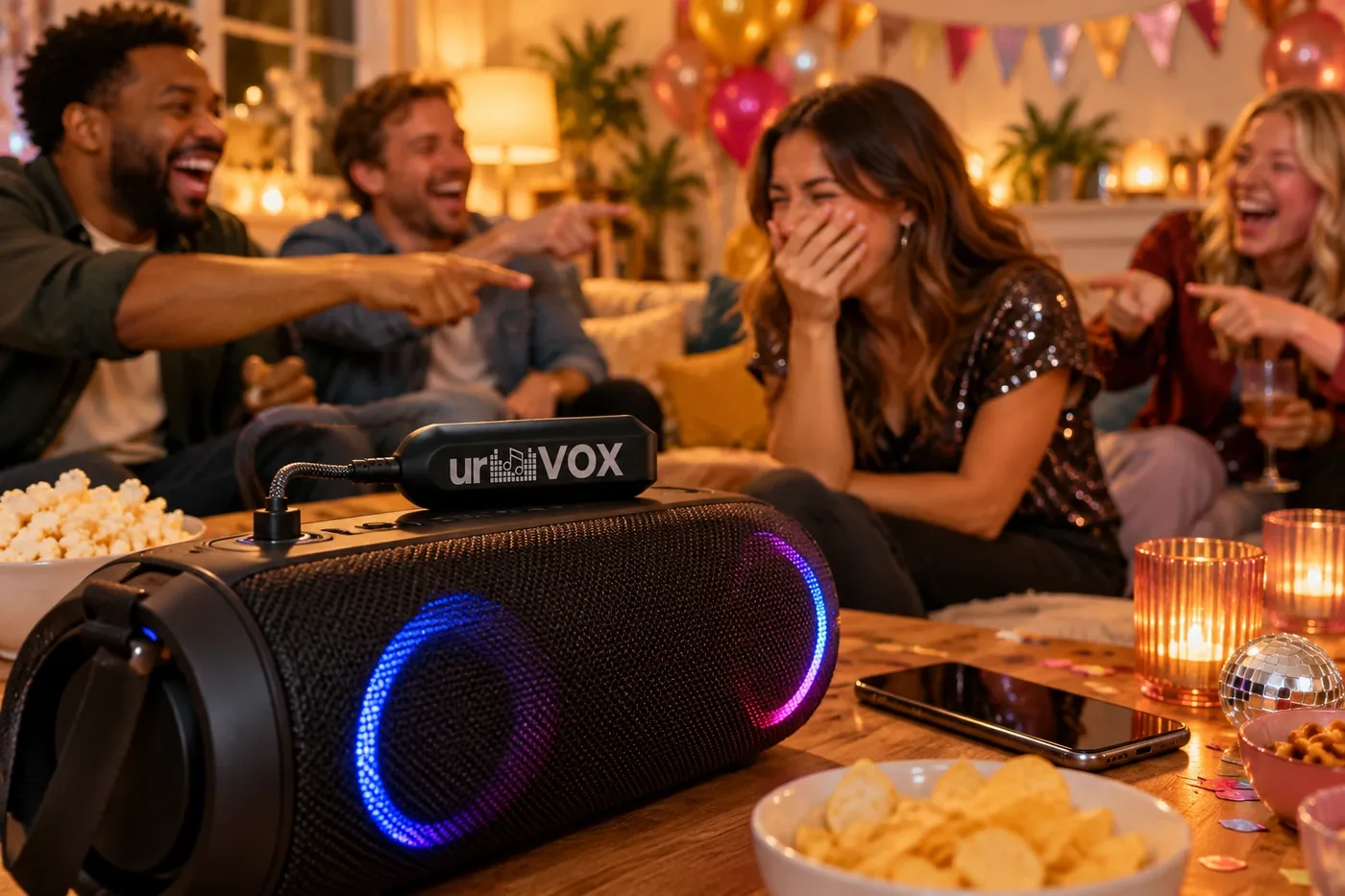 Friends pointing and laughing as one of them forgets the words, urVOX on top of a party speaker