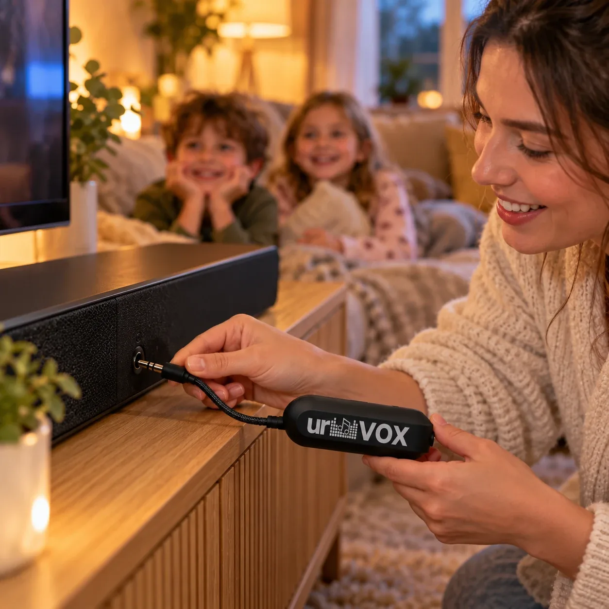 A mum plugging urVOX's 3.5mm jack into the AUX socket on a TV soundbar while her kids watch