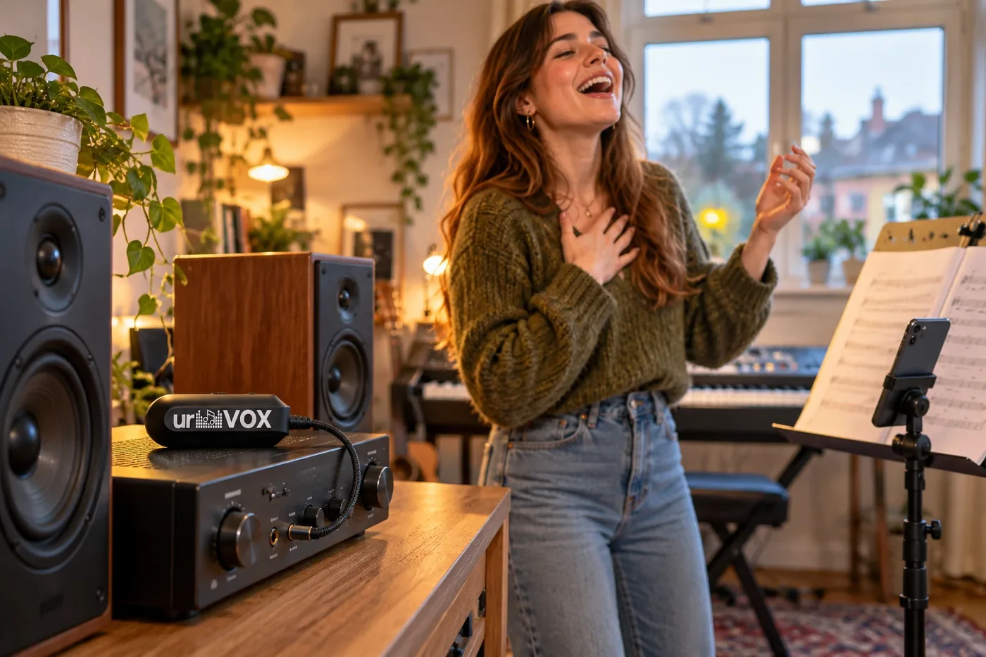 A singer practising at home, with urVOX plugged into the AUX input of a hi-fi amplifier