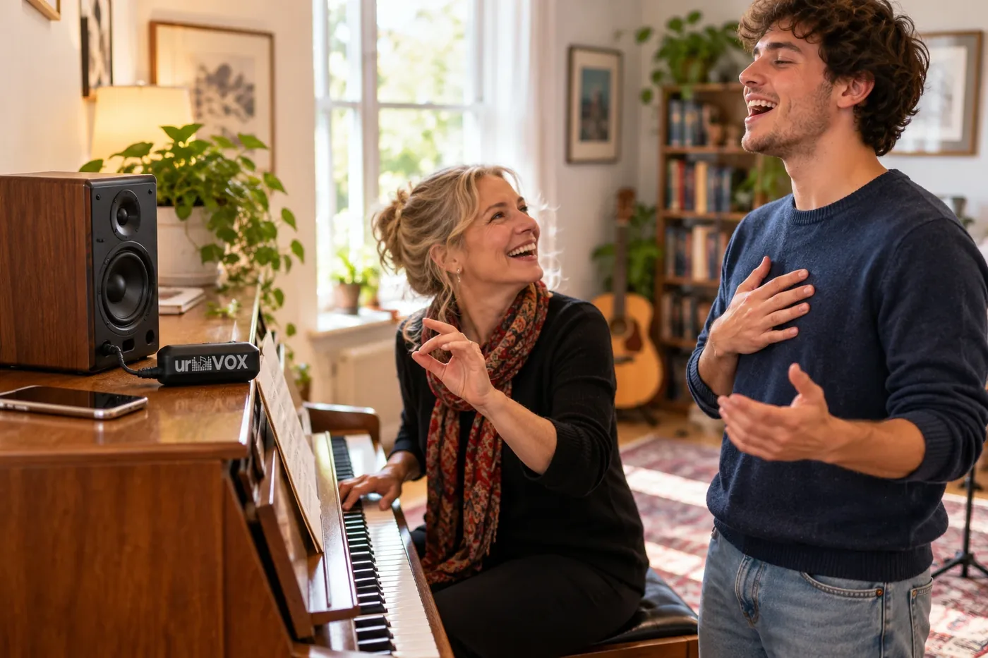 A vocal coach at the piano with her student singing, urVOX plugged into a speaker on the piano