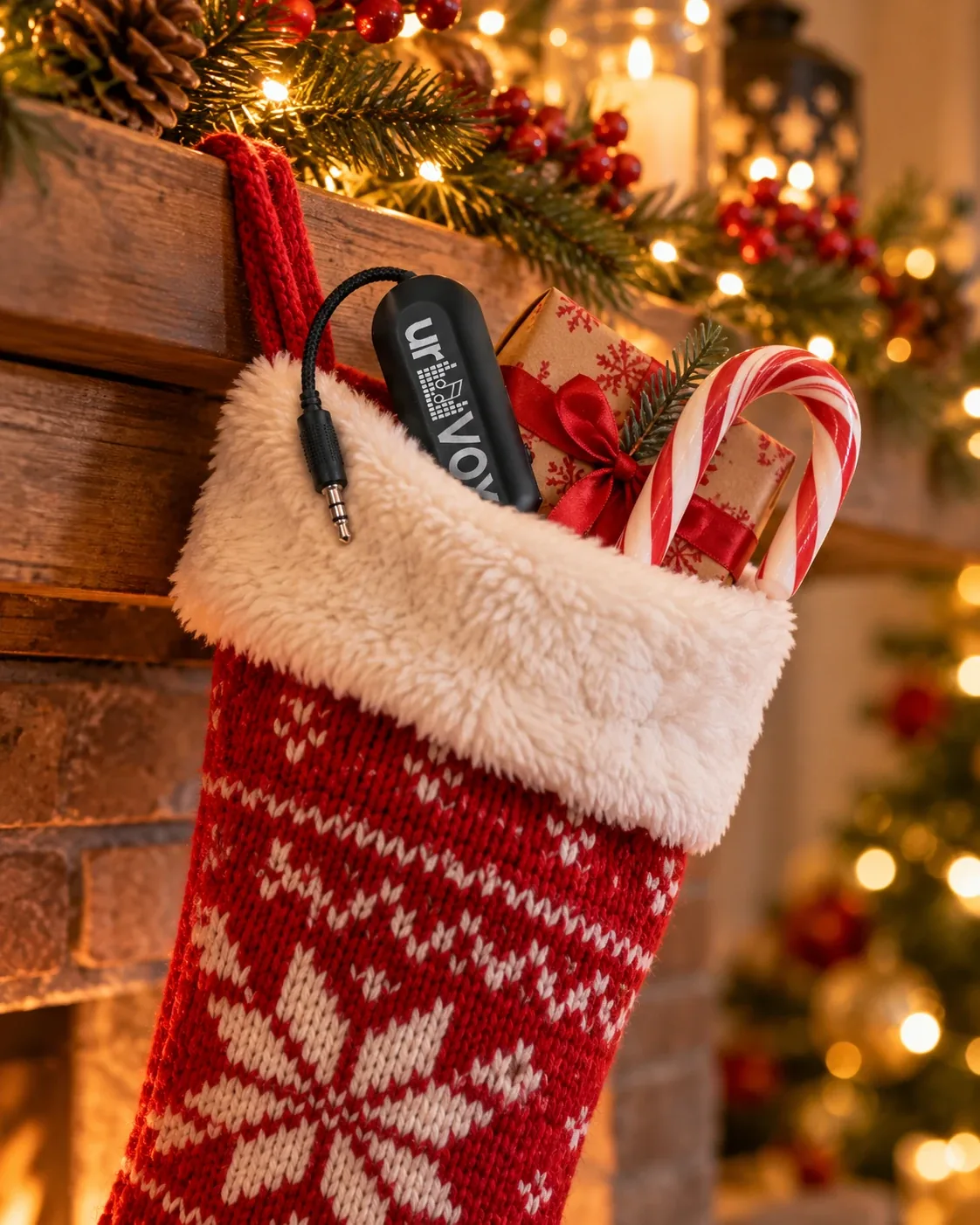 urVOX tucked into a Christmas stocking with a candy cane and a small present